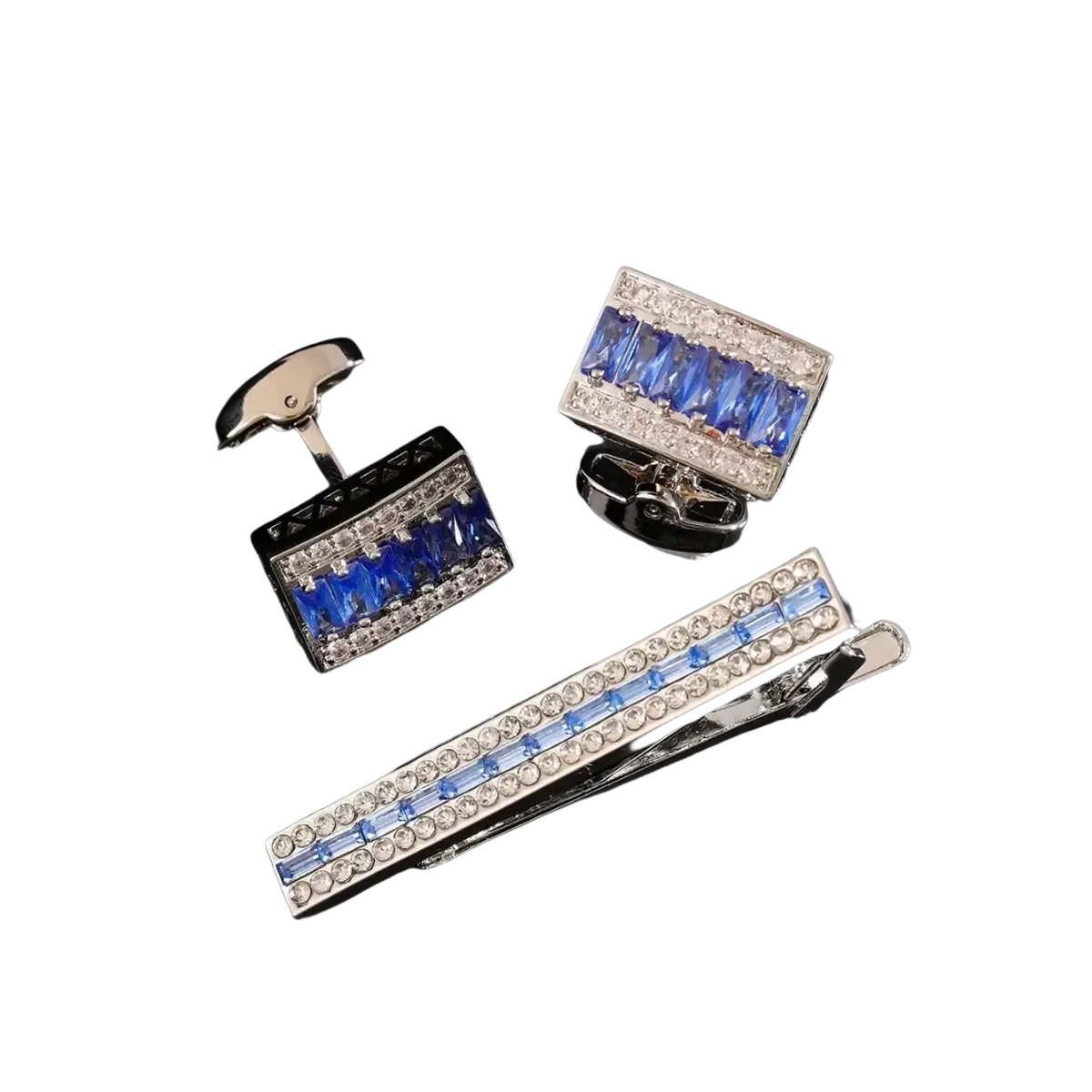 Set of elegant blue and clear crystal rhinestone cufflinks and tie clip with silver-toned metal frames