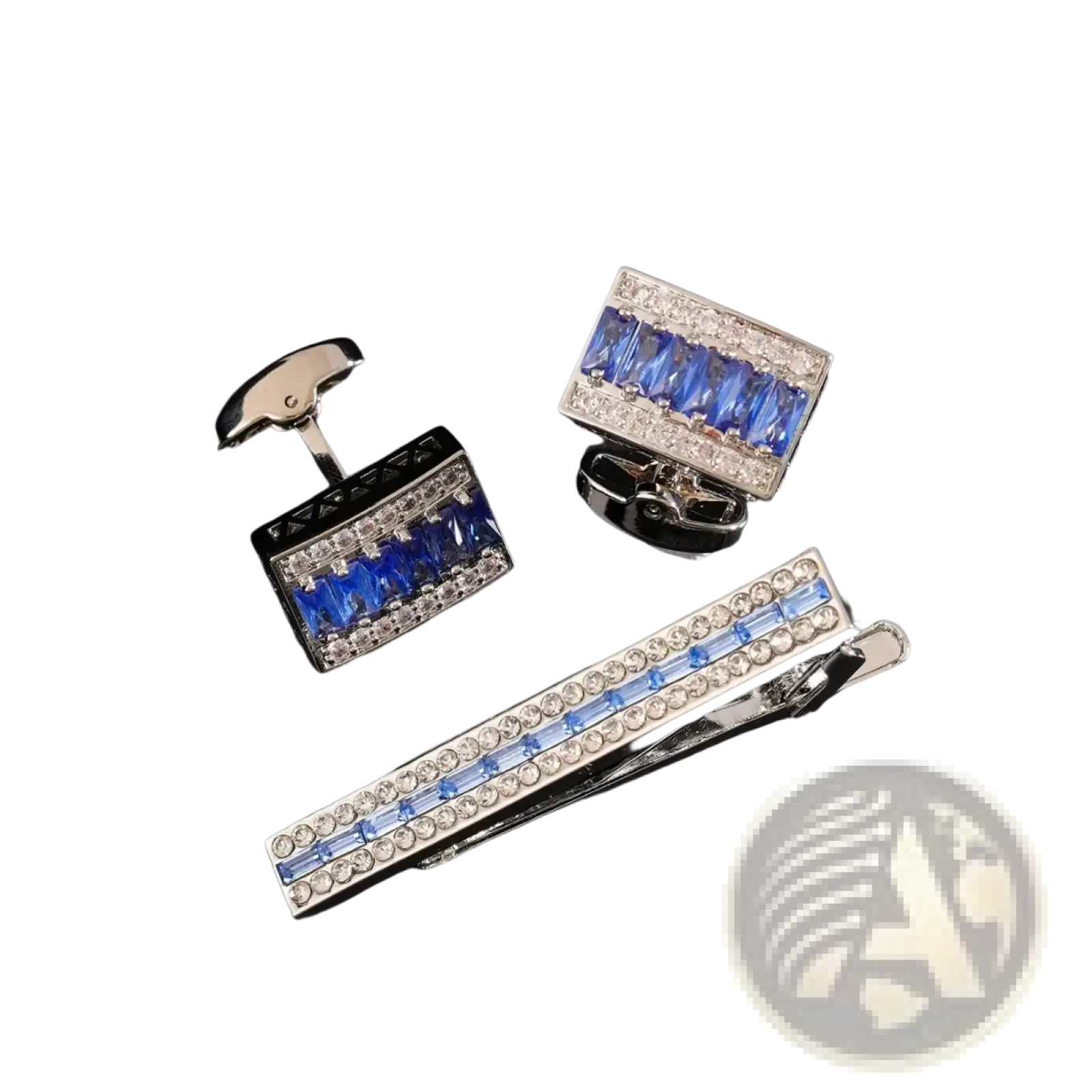 Set of elegant blue and clear crystal rhinestone cufflinks and tie clip with silver-toned metal frames