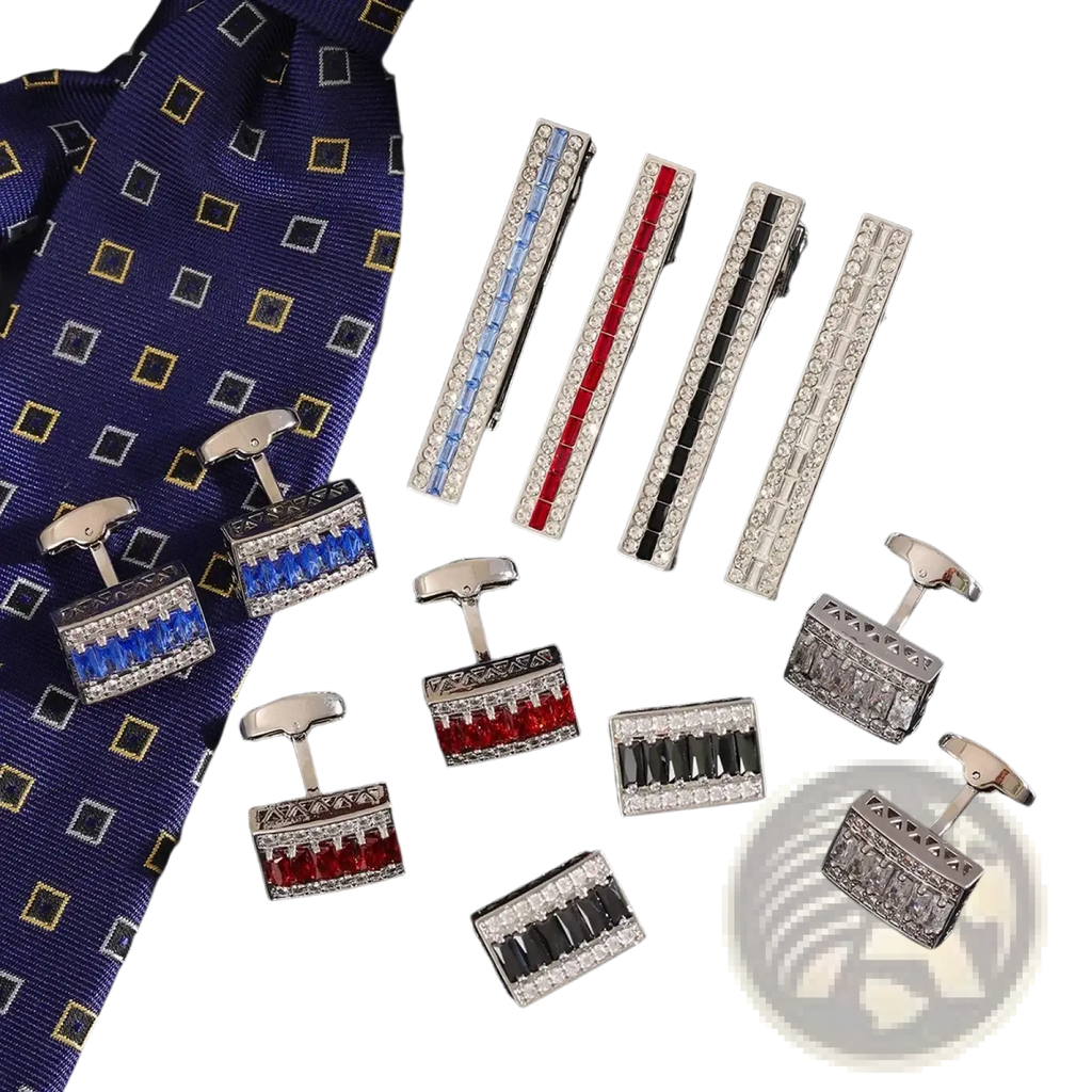 Set of silver-toned crystal rhinestone cufflinks and tie clips with blue red black and clear rectangular designs