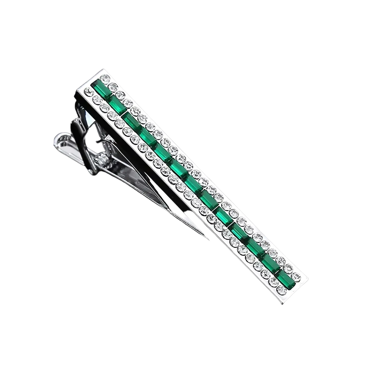 Silver tie bar adorned with emerald green rectangular stones and clear rhinestones in crystal rhinestone set