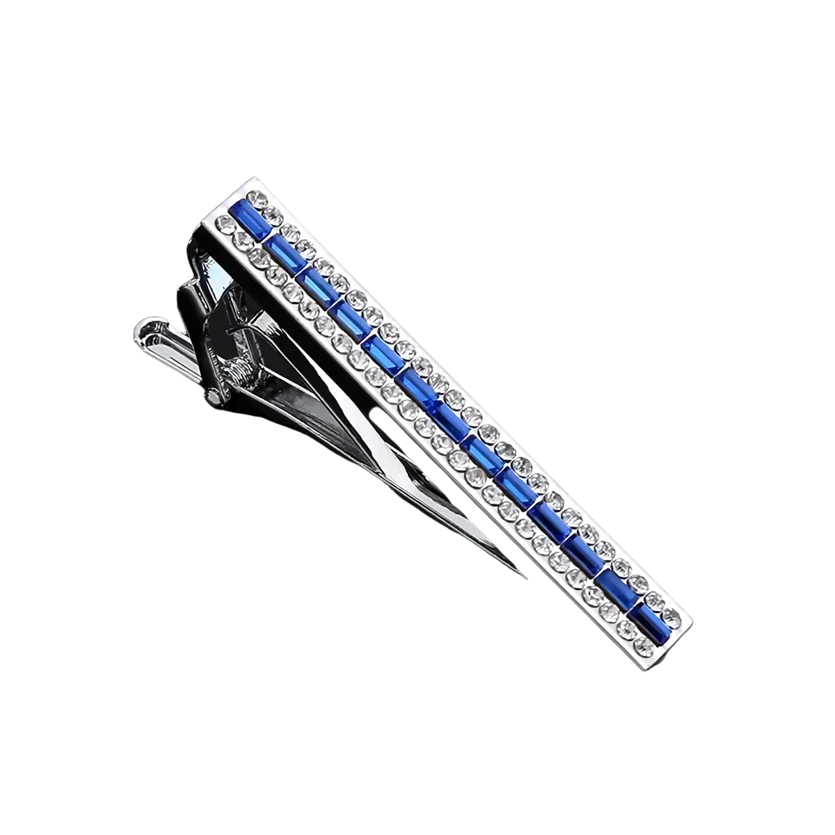 Silver crystal rhinestone tie clip set with alternating blue rectangular inlays and clear rhinestone rows