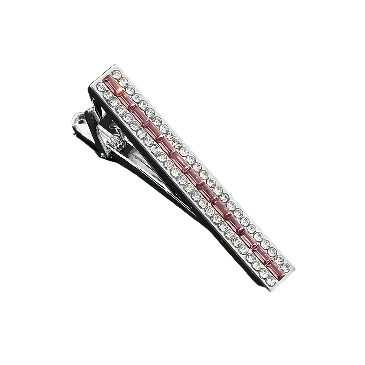 Silver tie clip set with pink rectangular crystals and clear round rhinestones for elegant accessory styling
