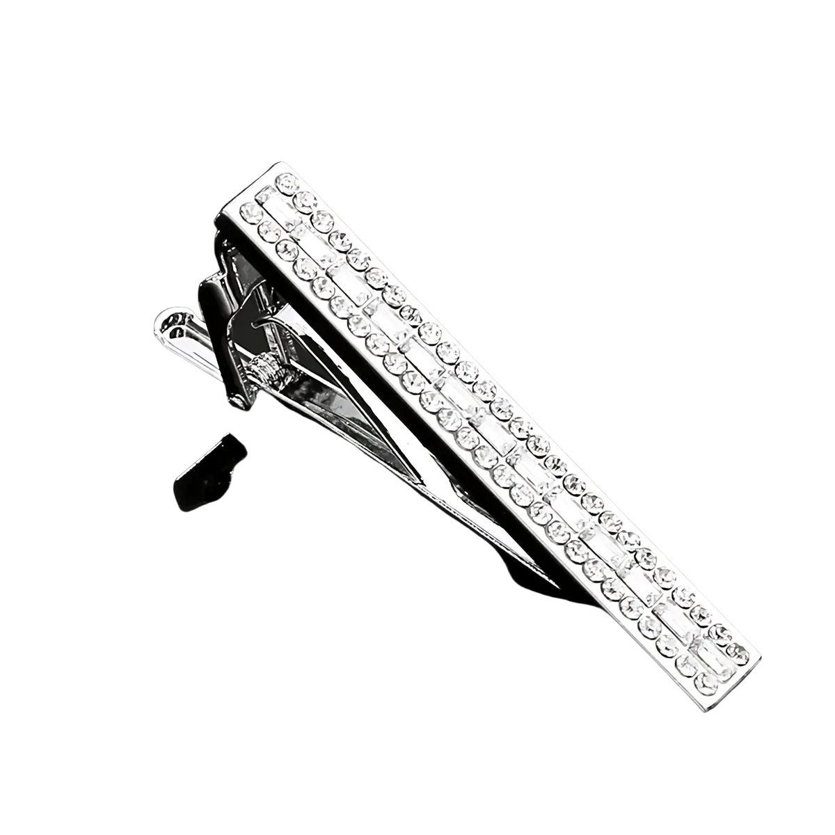 Silver tie bar with two parallel rows of clear sparkling rhinestones from crystal rhinestone tie clip set