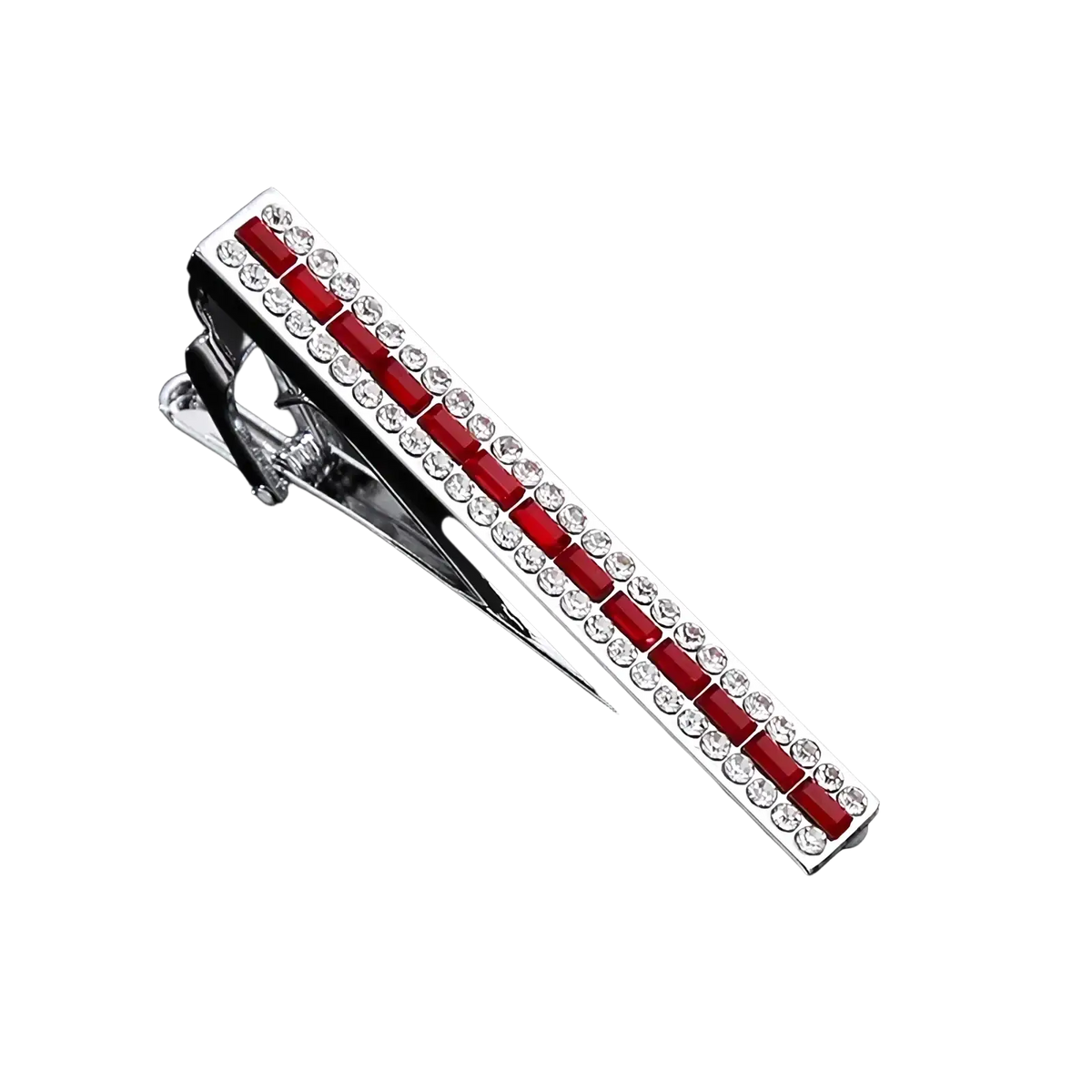 Silver tie clip adorned with alternating red and clear rhinestones in a sleek rectangular design set