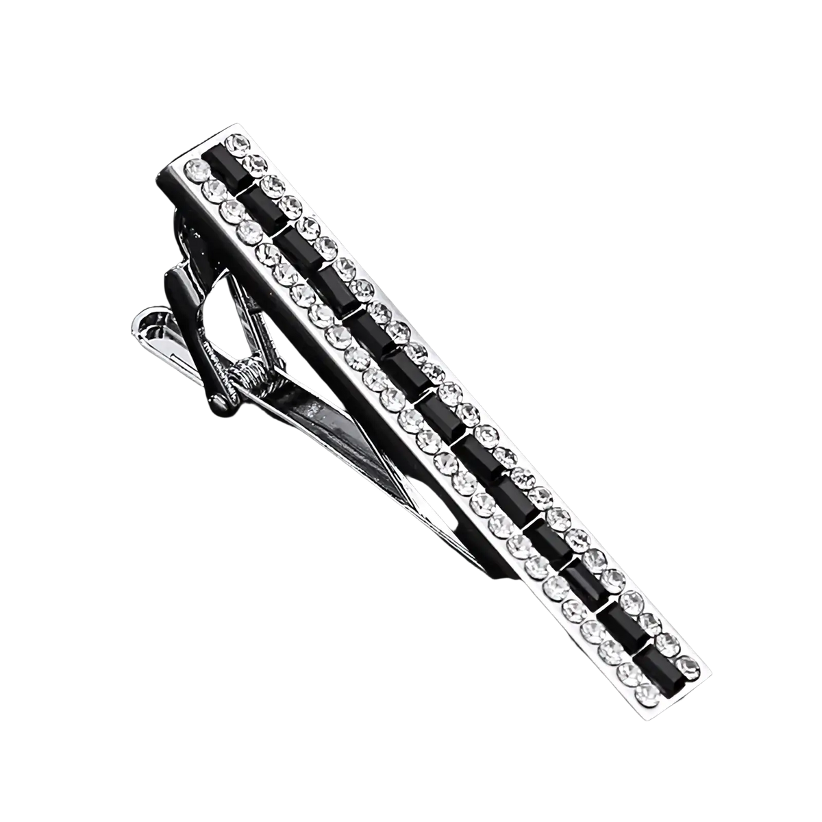 Silver crystal rhinestone tie clip adorned with alternating rows of clear and black rectangular crystals