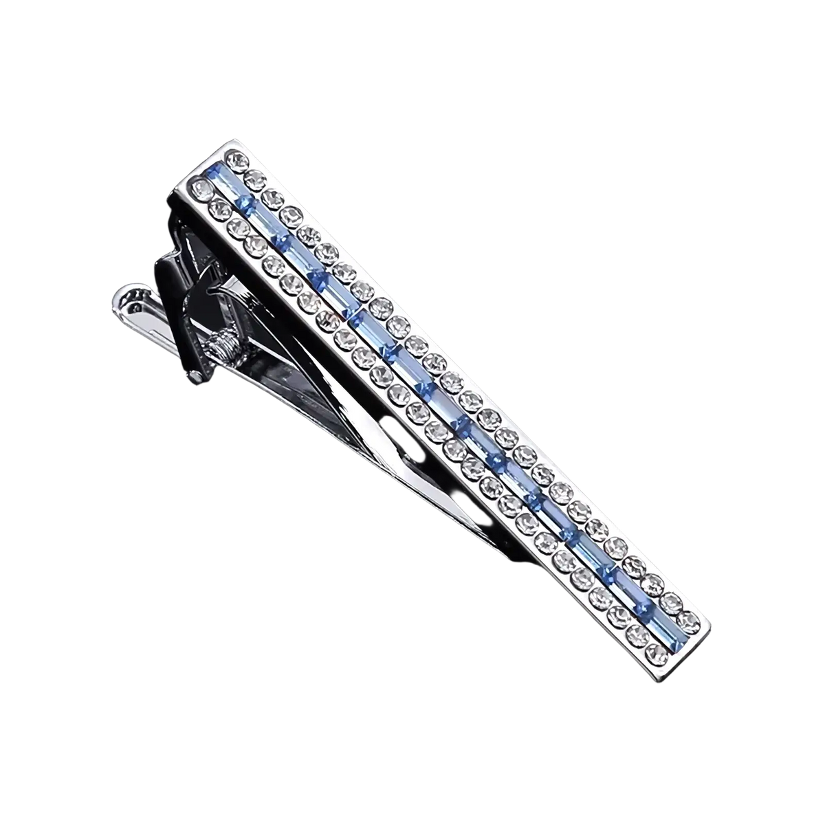 Silver tie bar adorned with clear and light blue crystal rhinestones in a crystal rhinestone tie clip set