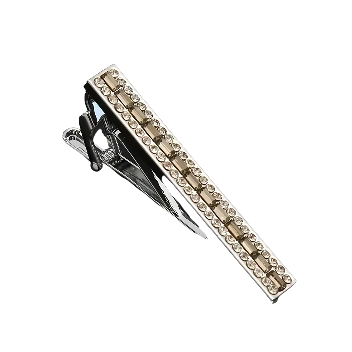 Silver tie bar in crystal rhinestone tie clip set adorned with two rows of clear and champagne-colored rhinestones