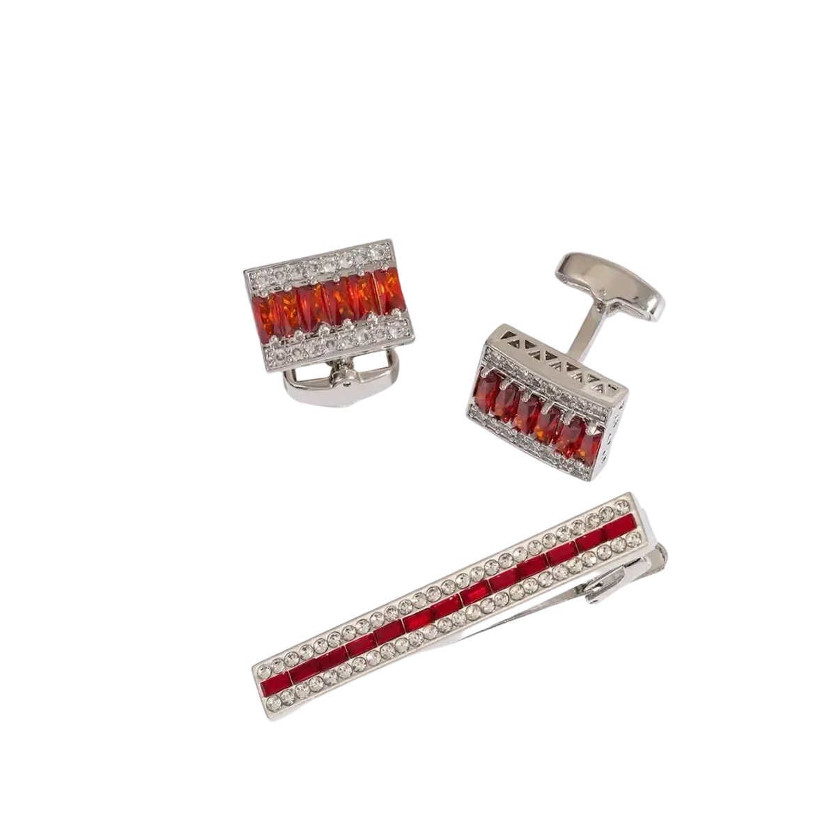 Silver cufflinks and tie bar set with rectangular red gemstone inlays bordered by clear crystal rhinestones