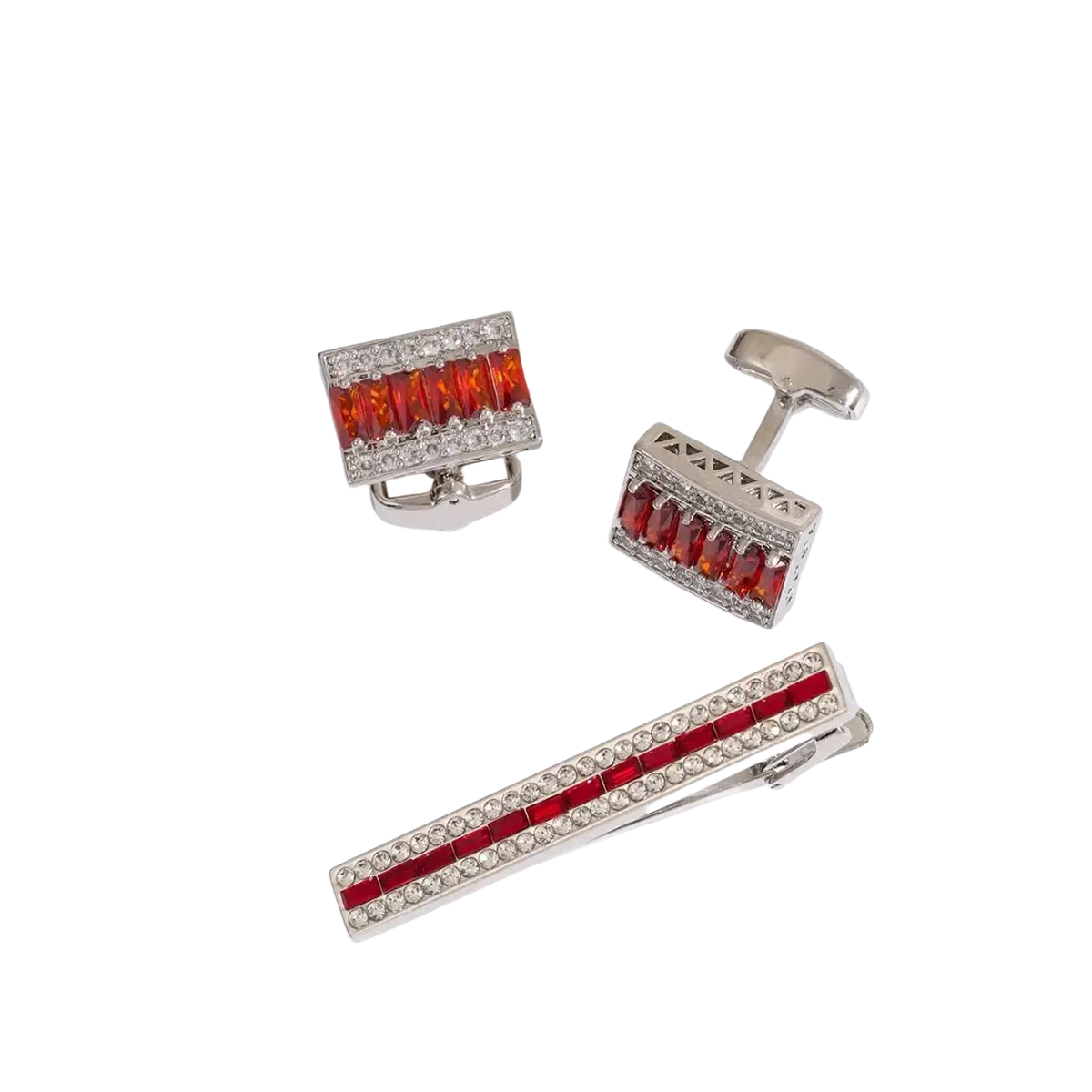 Silver crystal rhinestone tie clip set with rectangular orange and red gemstone inlays and clear crystal accents