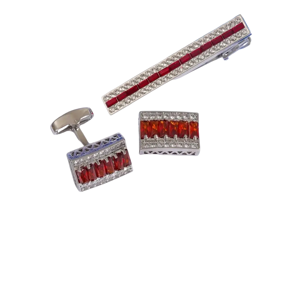 Silver cufflinks and tie bar set with rectangular red gemstones and clear crystal borders in crystal rhinestone tie clip set