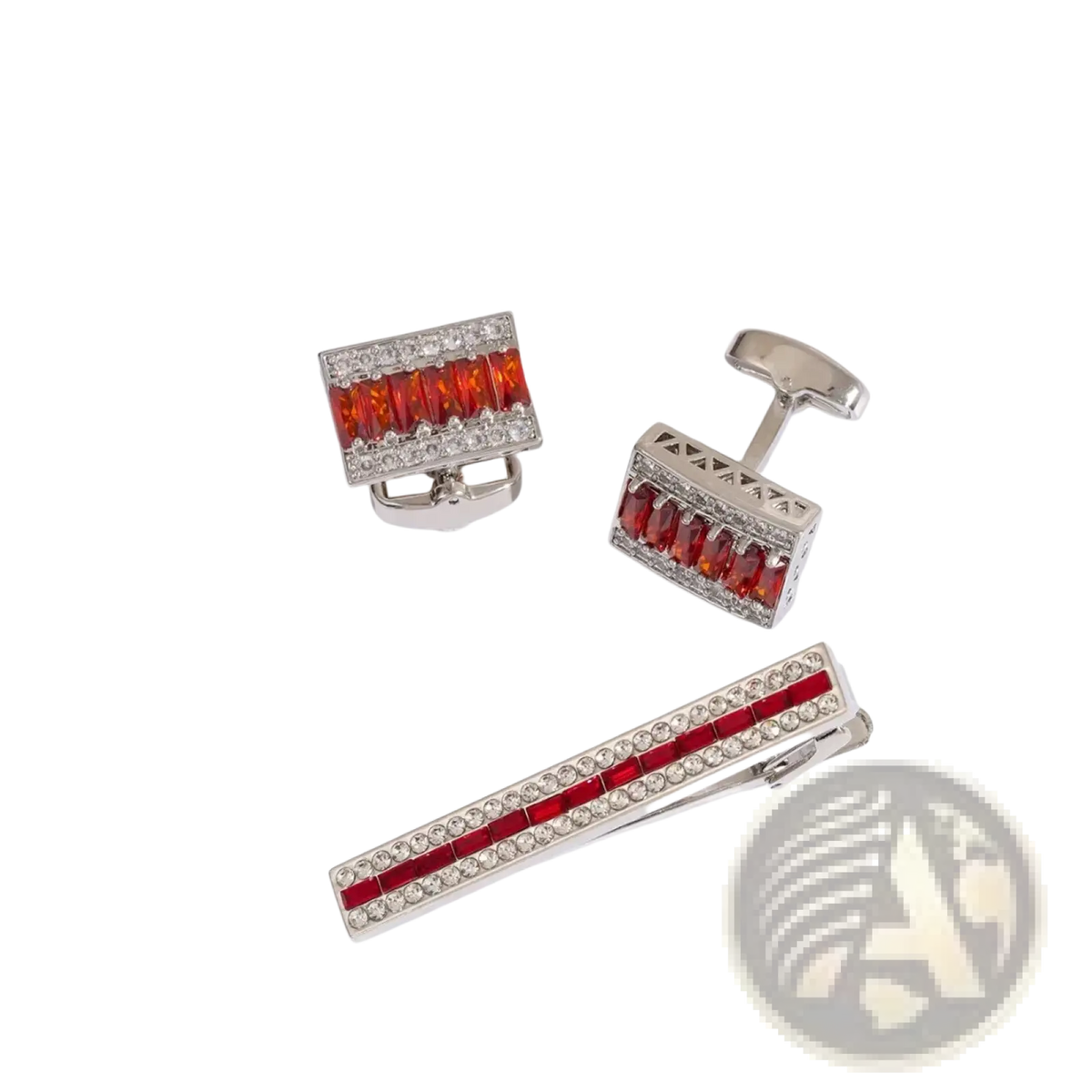 Silver crystal rhinestone tie clip set with rectangular orange and red gemstone inlays and clear crystal accents