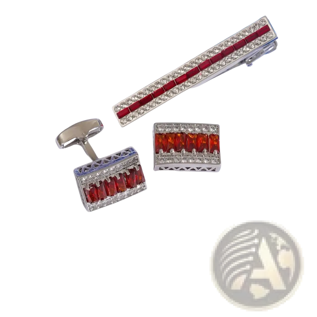 Silver cufflinks and tie bar set with rectangular red gemstones and clear crystal borders in crystal rhinestone tie clip set