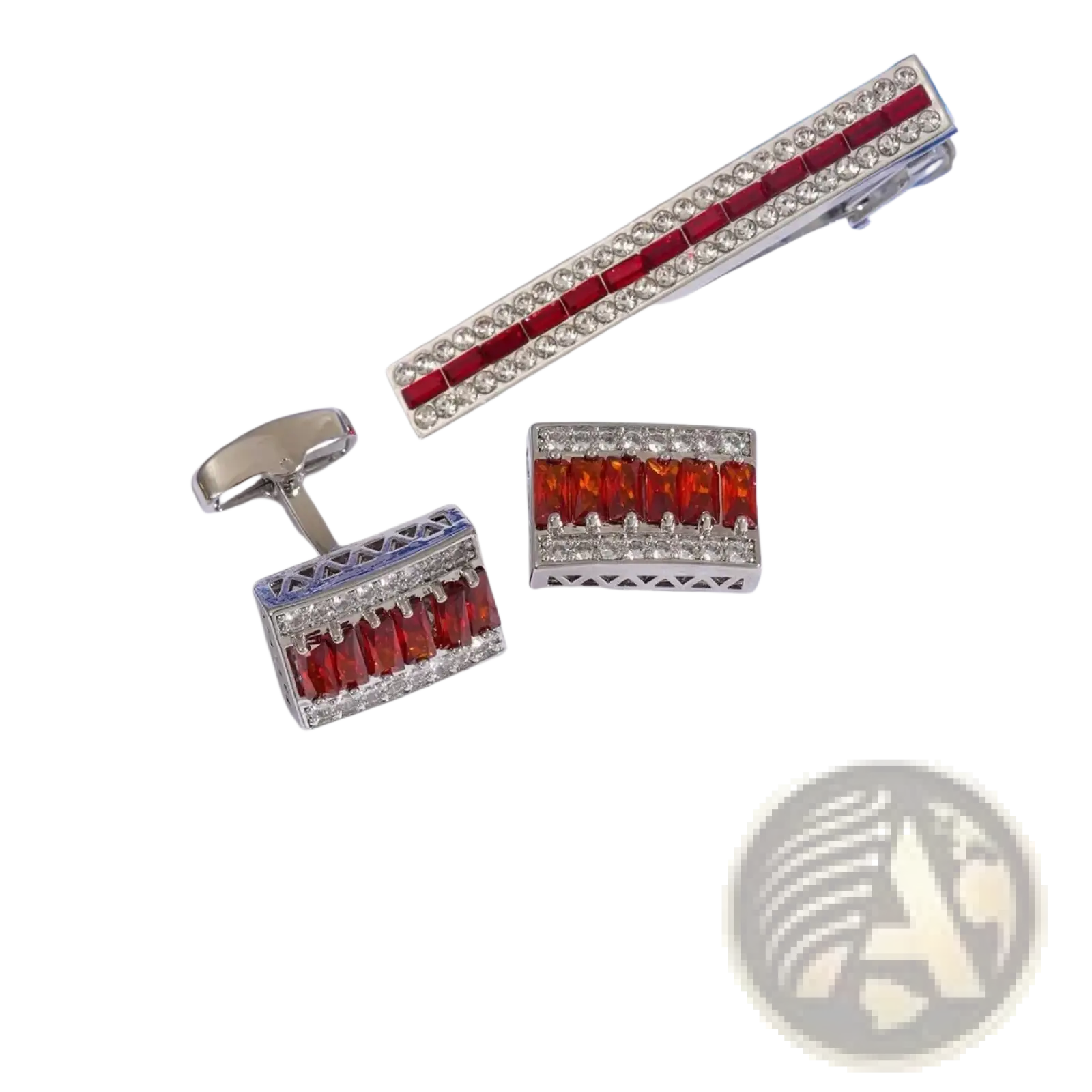 Silver cufflinks and tie bar set with rectangular red gemstones and clear crystal borders in crystal rhinestone tie clip set