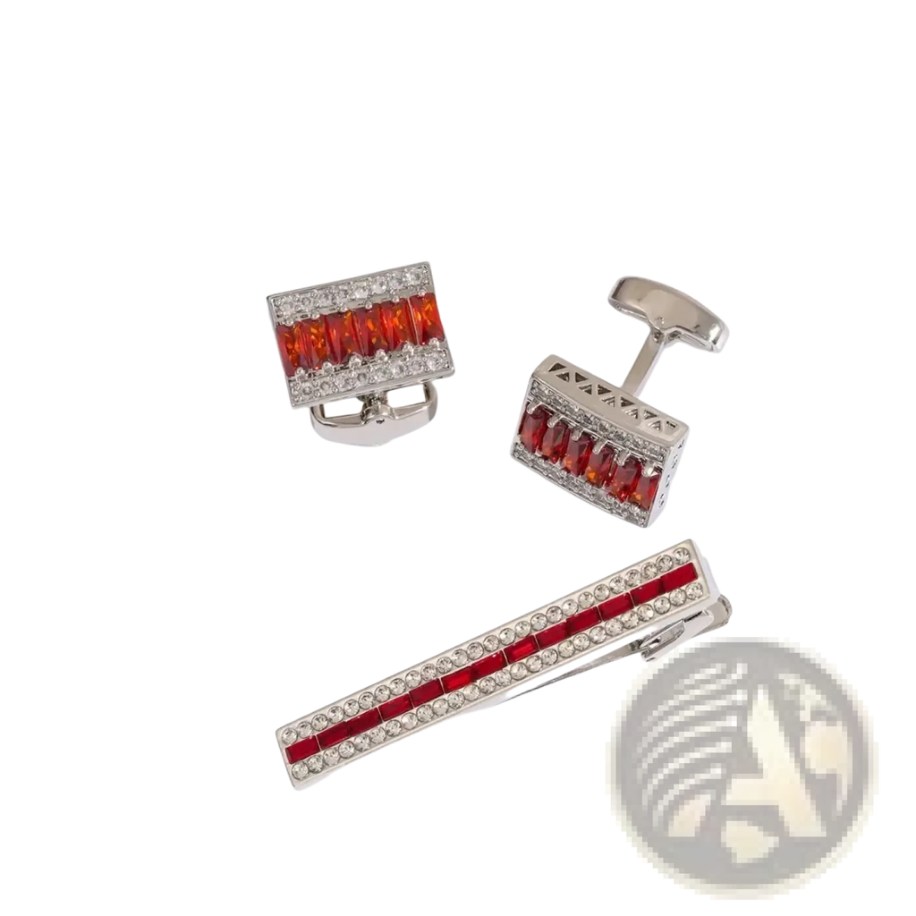 Silver cufflinks and tie bar set with rectangular red gemstone inlays bordered by clear crystal rhinestones