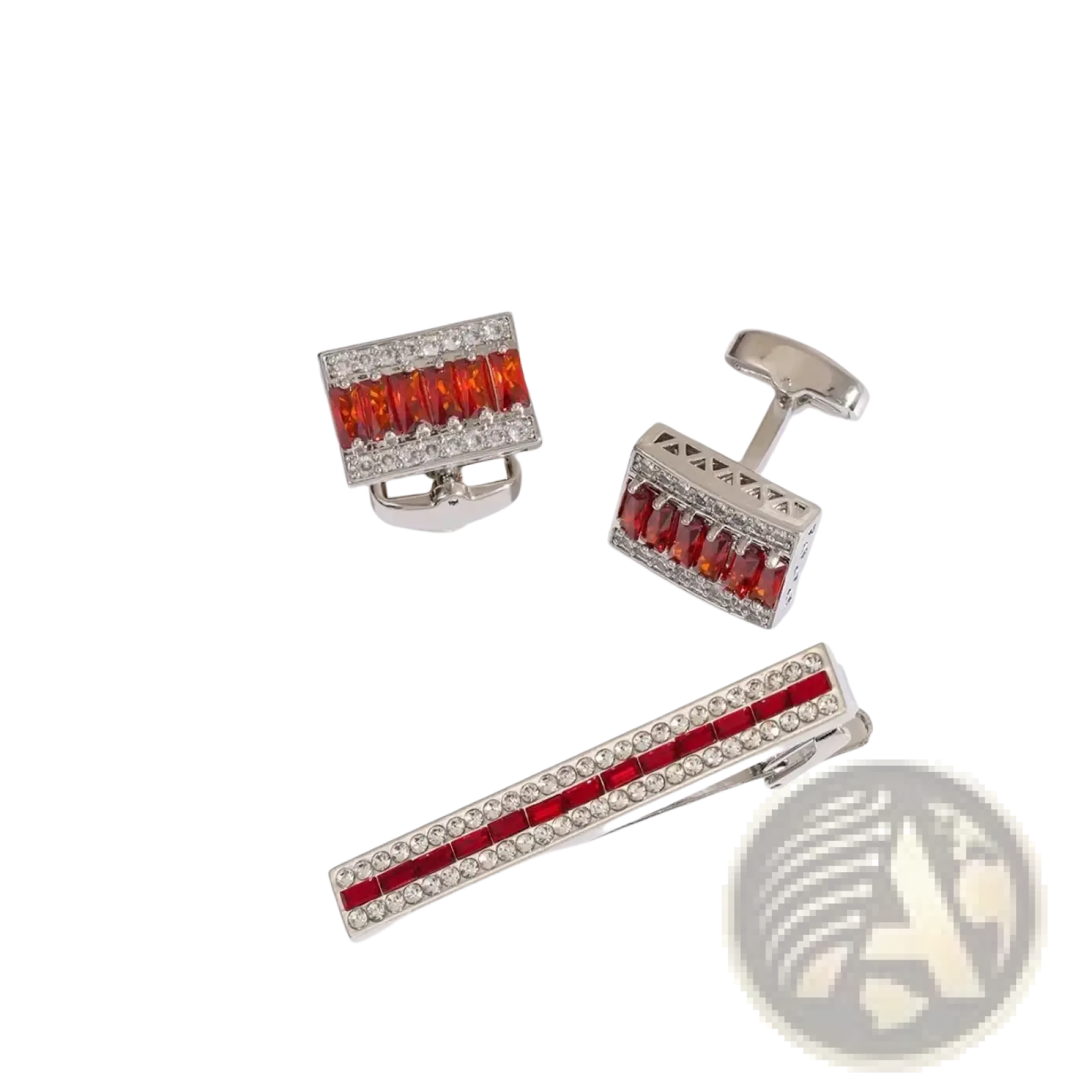 Silver cufflinks and tie bar set with rectangular red gemstone inlays bordered by clear crystal rhinestones