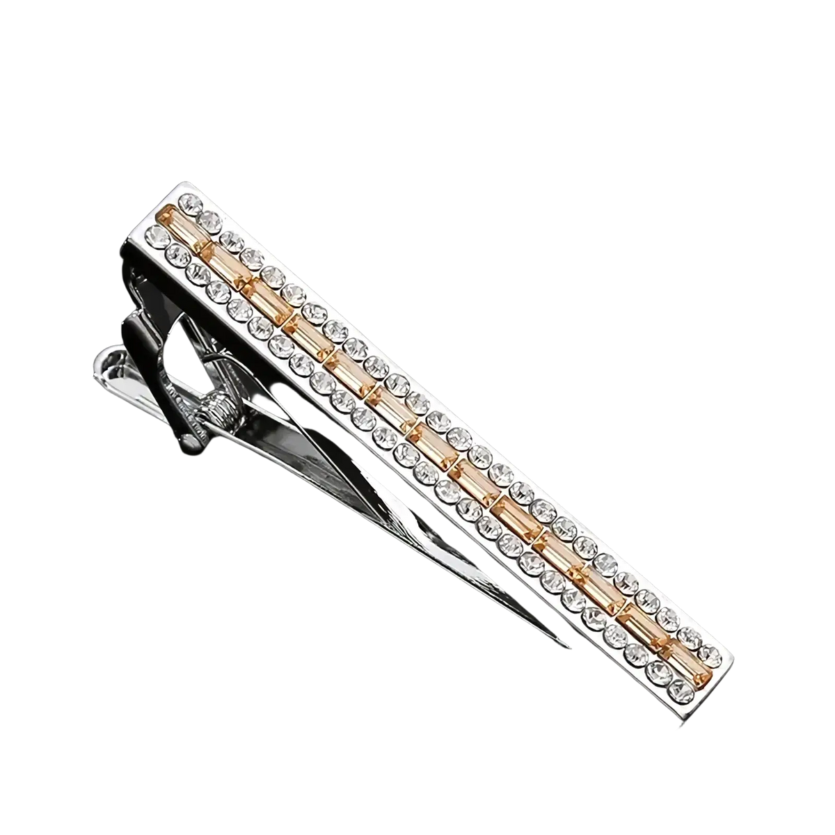 Silver and rose gold crystal rhinestone tie clip set with clear rhinestones in decorative pattern