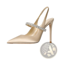 A champagne satin slingback pointed toe high heel pump with crystal-embellished strap and slender heel