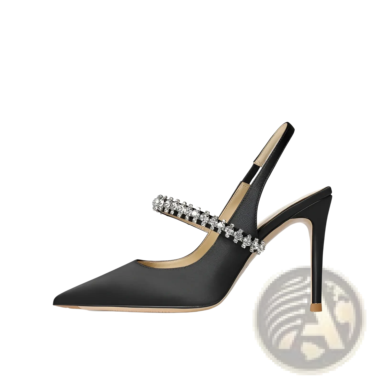 Black satin slingback pointed toe high heel pump with a sparkling crystal-embellished strap seen from the back