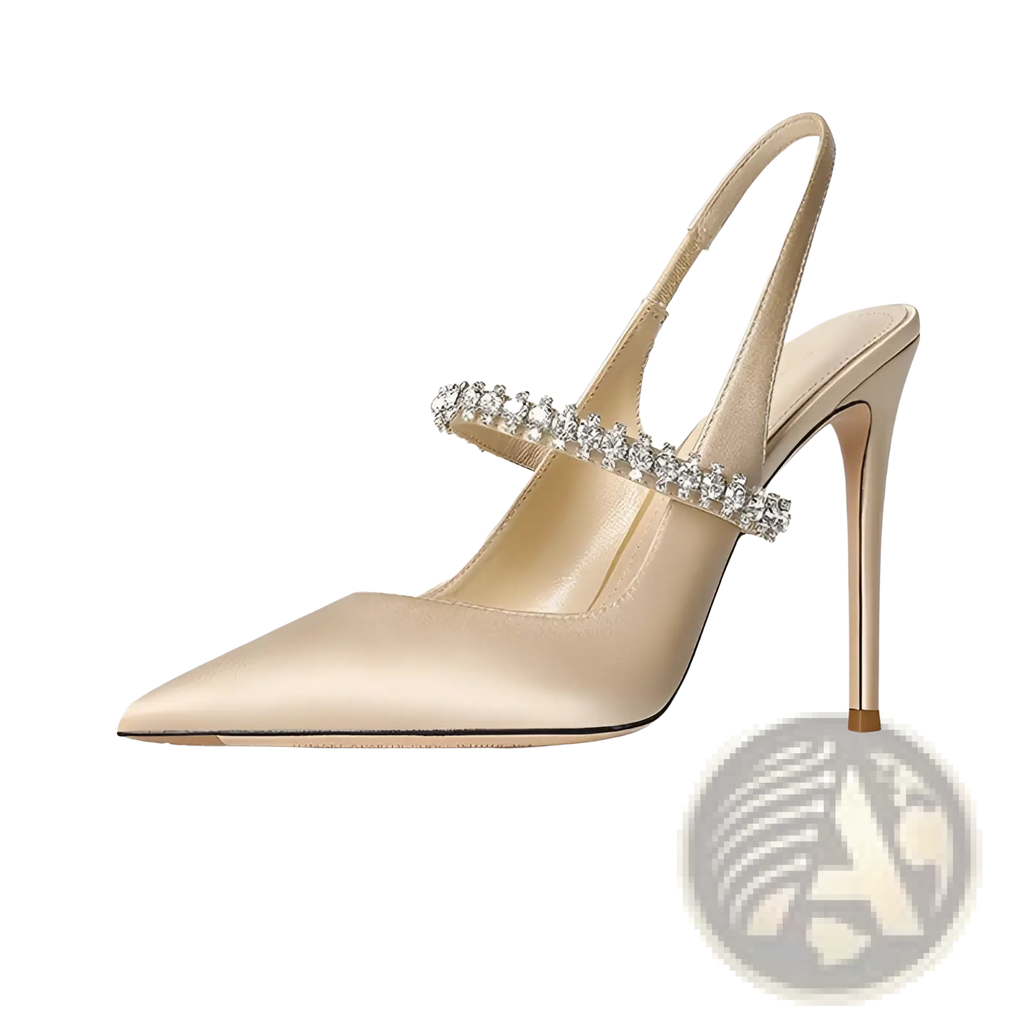 Champagne satin pointed toe slingback high heel pump with crystal-embellished strap and slender heel