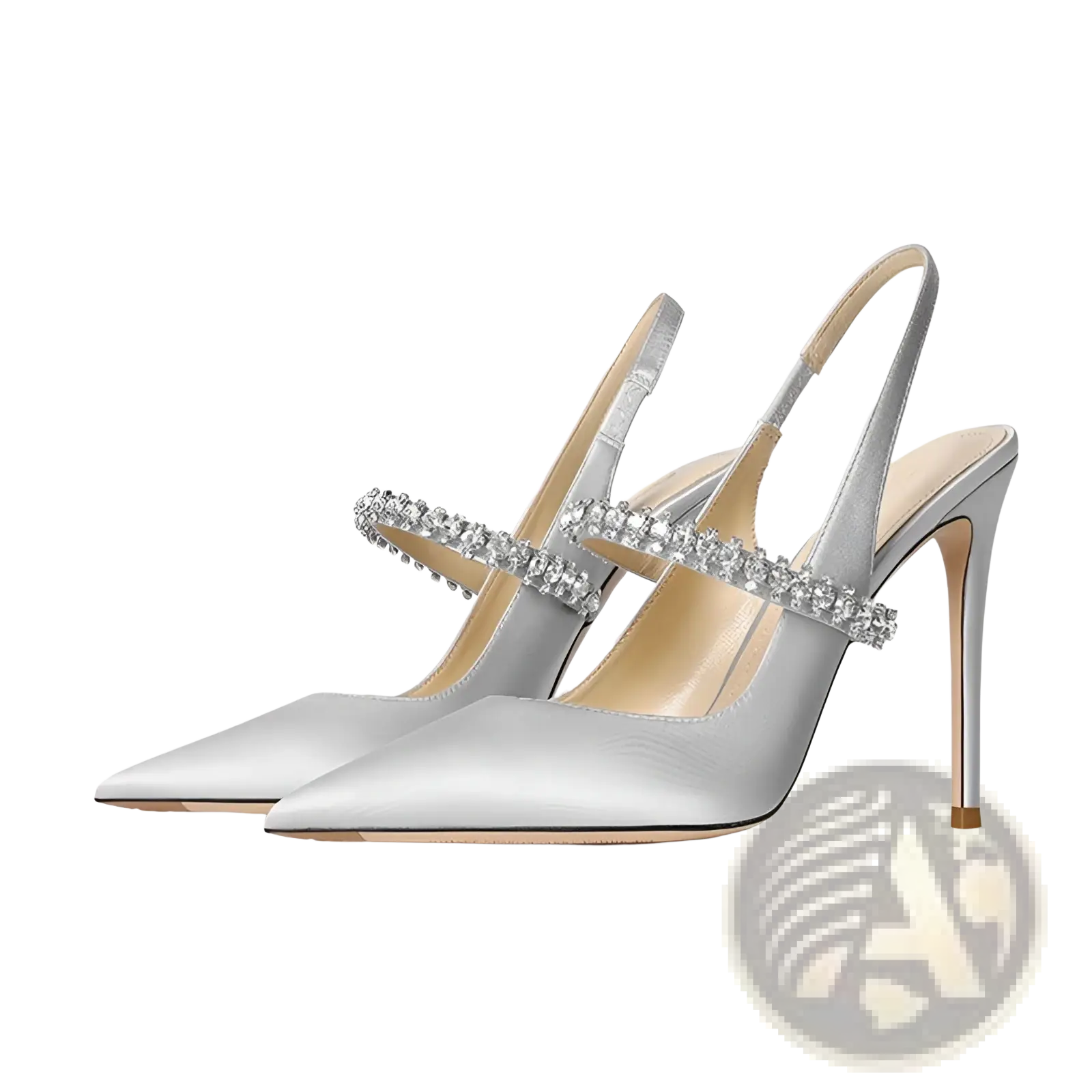 Silver satin high-heeled slingback sandals with sparkling crystal strap and slender heel in a pointed toe design