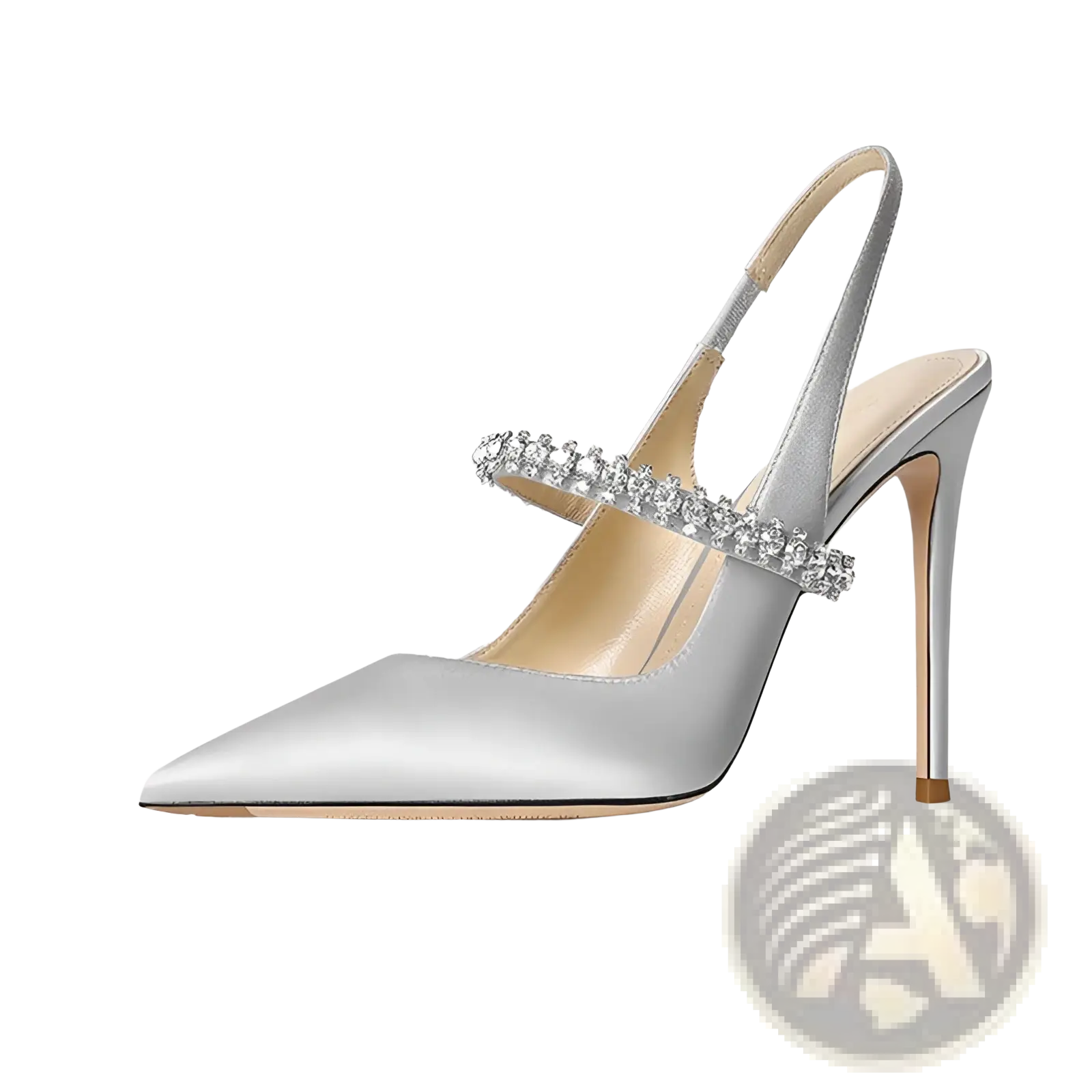 Silver satin slingback pointed toe high heels with a crystal-embellished strap and a slender high heel