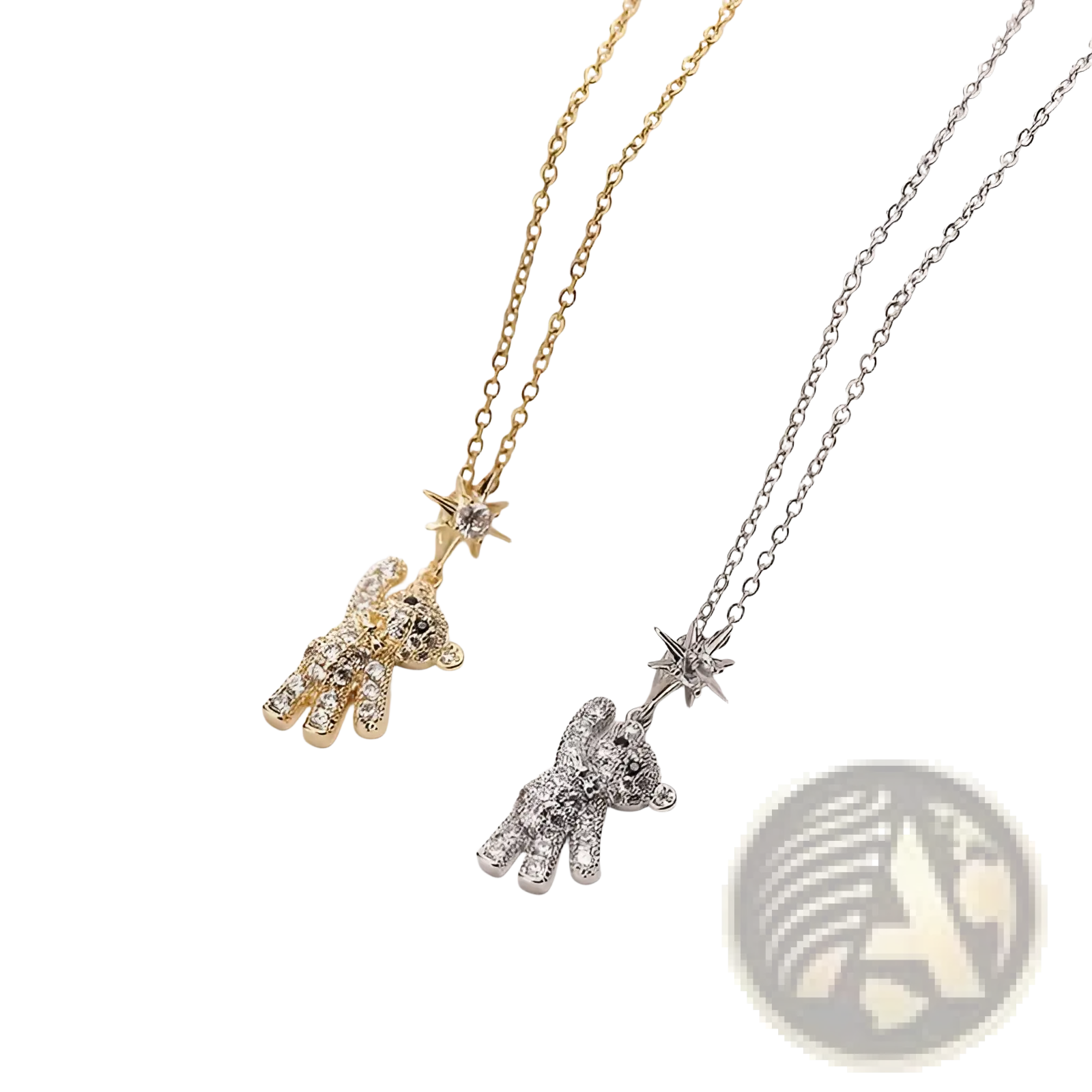 Two gold titanium steel necklaces with crystal teddy bear pendants and star-shaped charms in a delicate design
