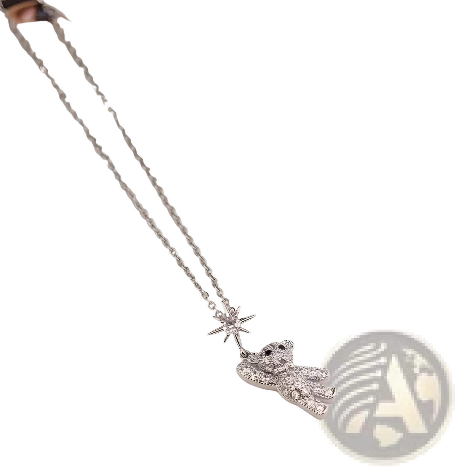 Silver titanium steel teddy bear pendant necklace with sparkling crystal details and gold star charm