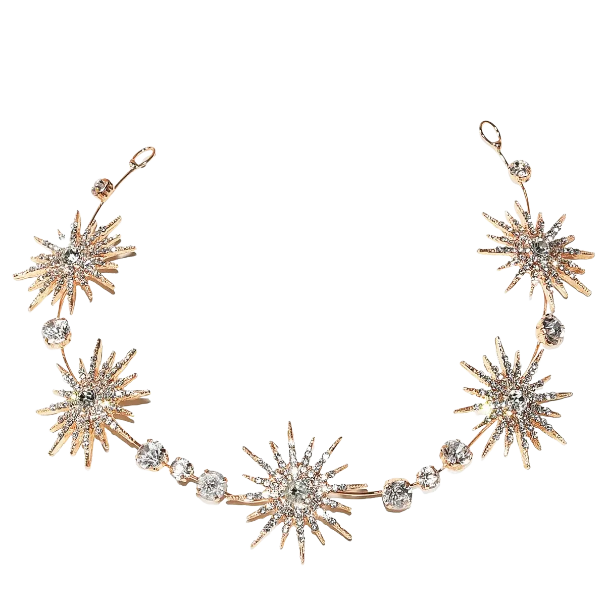 Crystal star bridal tiara rhinestone wedding headband in rose gold with clear crystals and intricate metallic detailing