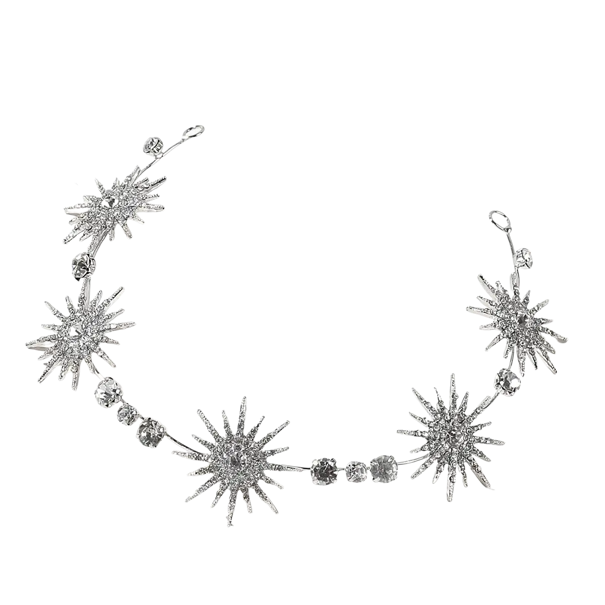 Crystal star bridal tiara silver headpiece with rhinestones and intricate metallic detailing for weddings