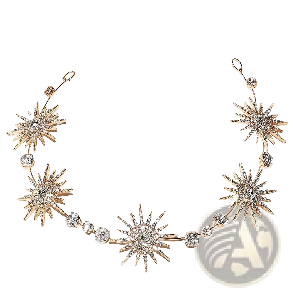 Crystal star bridal tiara rhinestone wedding headband with gold-toned starburst and clear crystals and rhinestones
