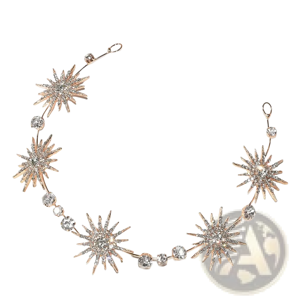 Rose gold starburst bridal tiara headband adorned with sparkling clear crystals and round rhinestone gemstones