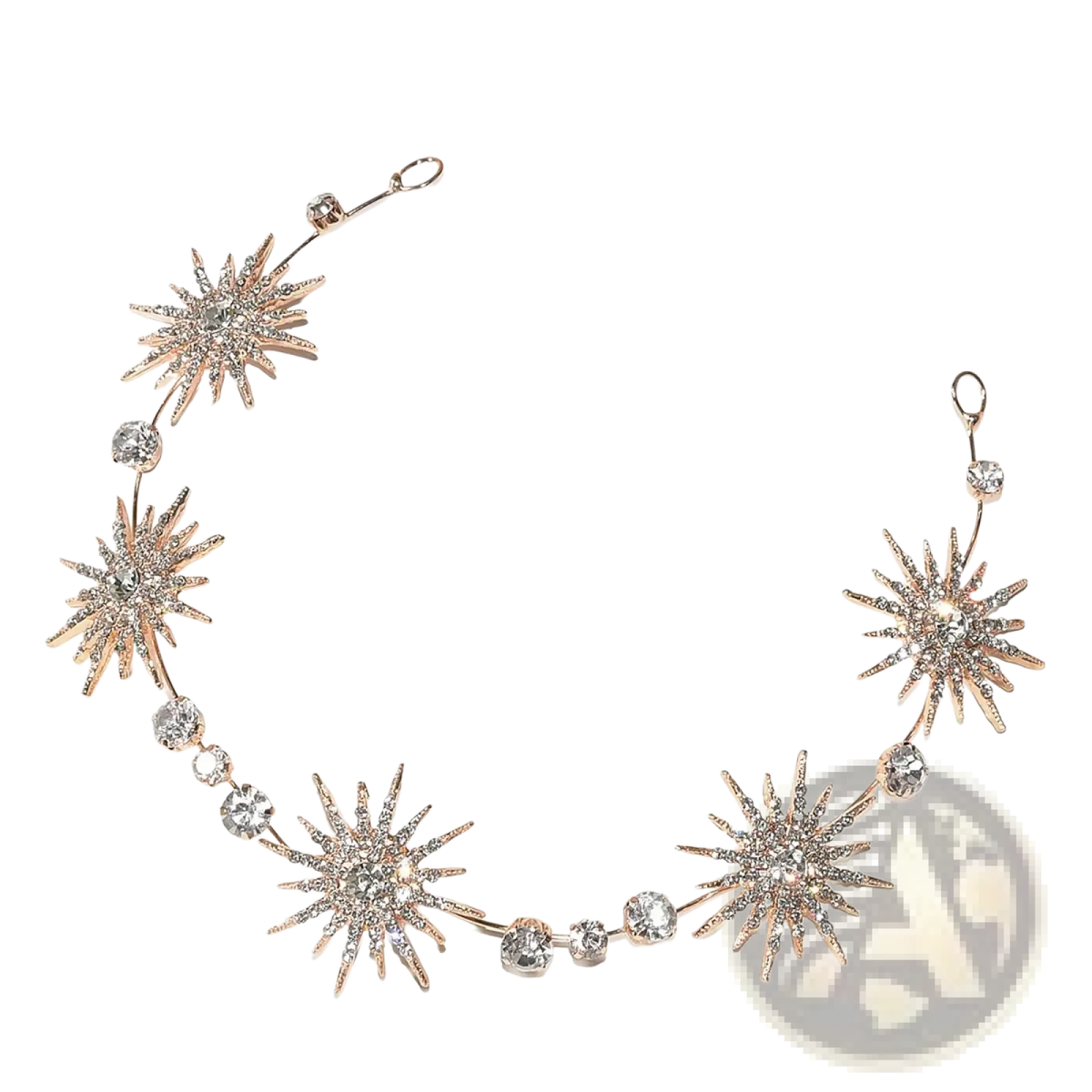 Rose gold starburst bridal tiara headband adorned with sparkling clear crystals and round rhinestone gemstones