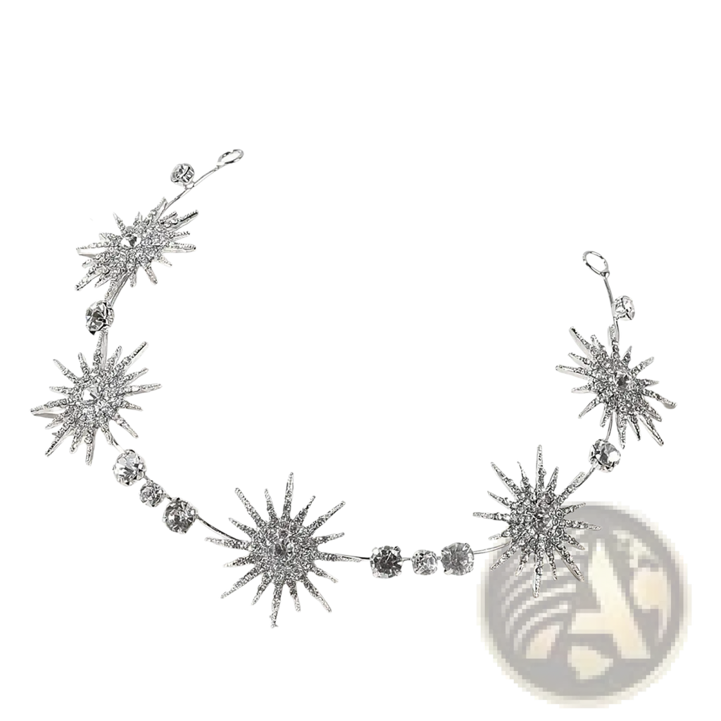 Crystal star bridal tiara silver headpiece with rhinestones and intricate metallic detailing for weddings