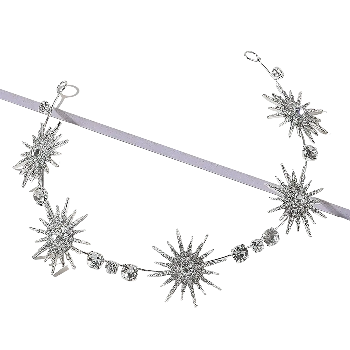 Silver starburst bridal tiara headband adorned with sparkling rhinestones and clear crystals for weddings