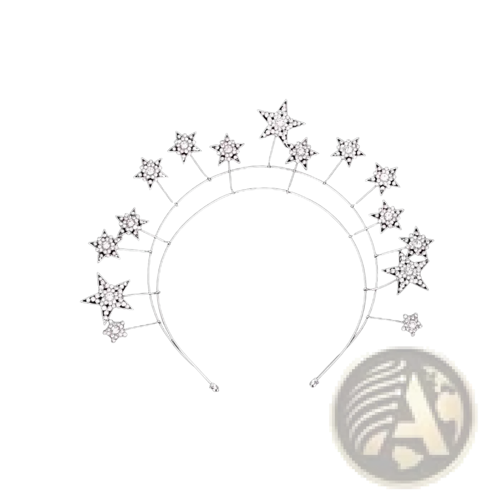 A sparkling silver crystal star bridal tiara with clear rhinestones in a delicate curved metal frame for weddings