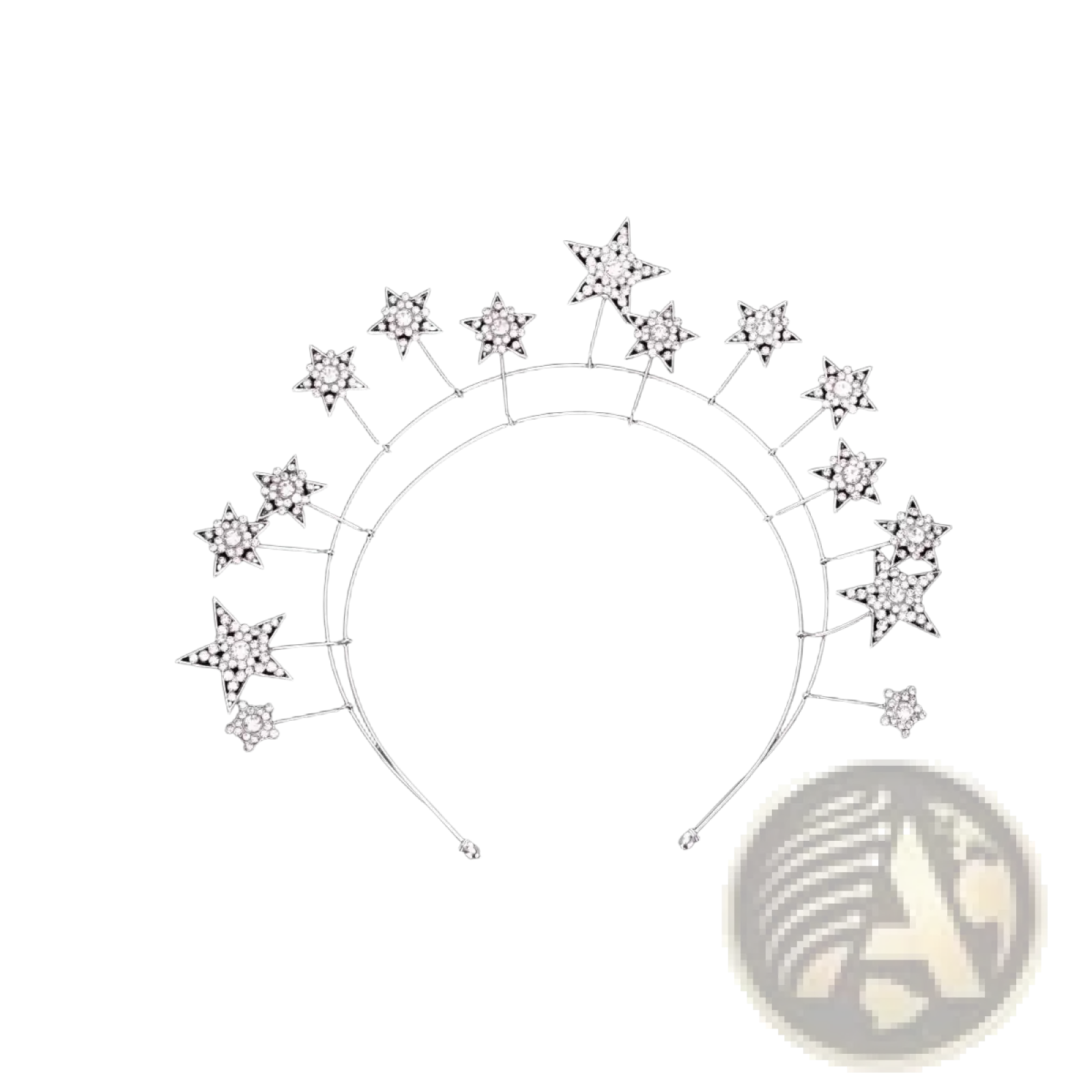 A sparkling silver crystal star bridal tiara with clear rhinestones in a delicate curved metal frame for weddings