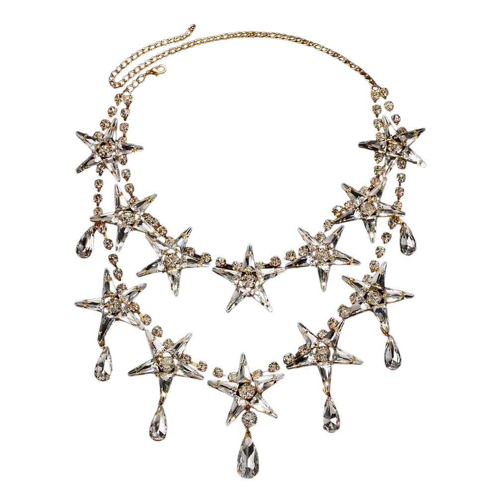 A sparkling gold-toned crystal star choker necklace with clear crystal stars and dangling teardrop pendants