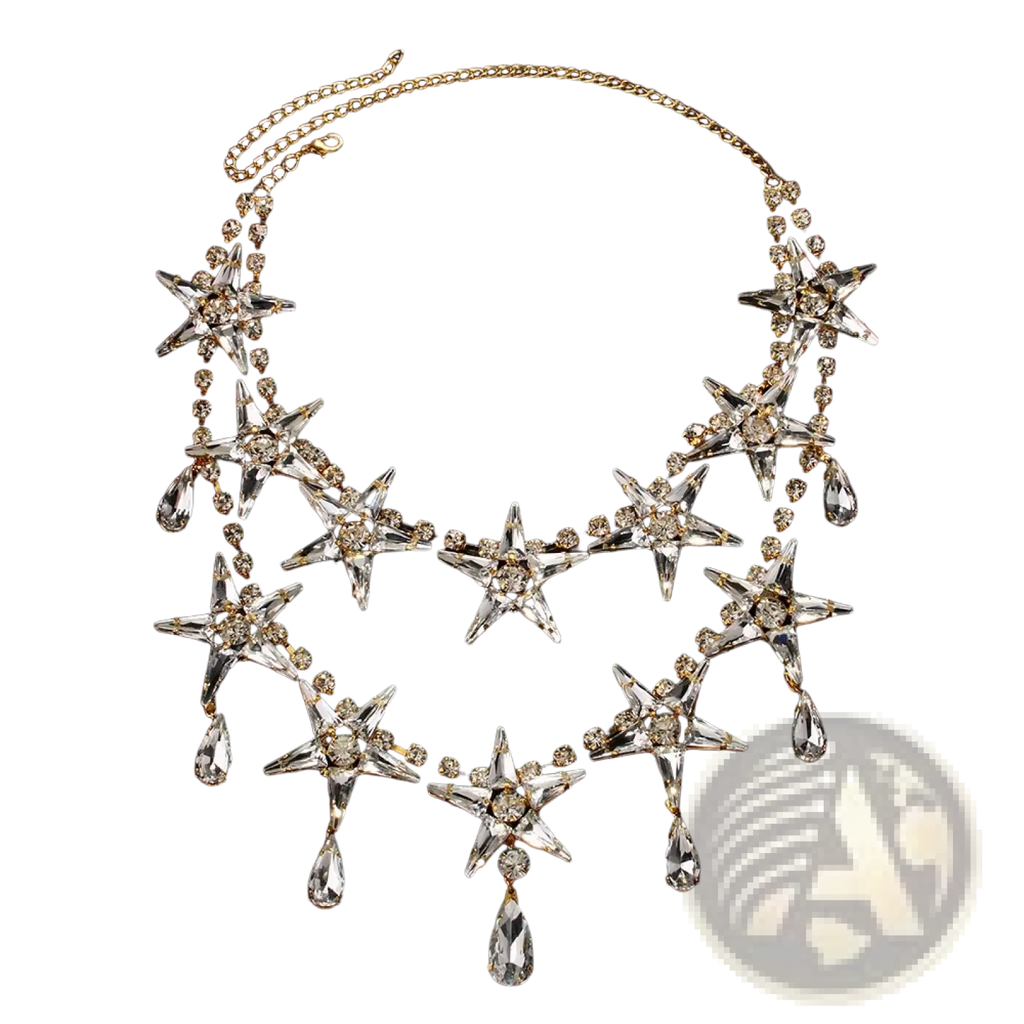A sparkling gold-toned crystal star choker necklace with clear crystal stars and dangling teardrop pendants