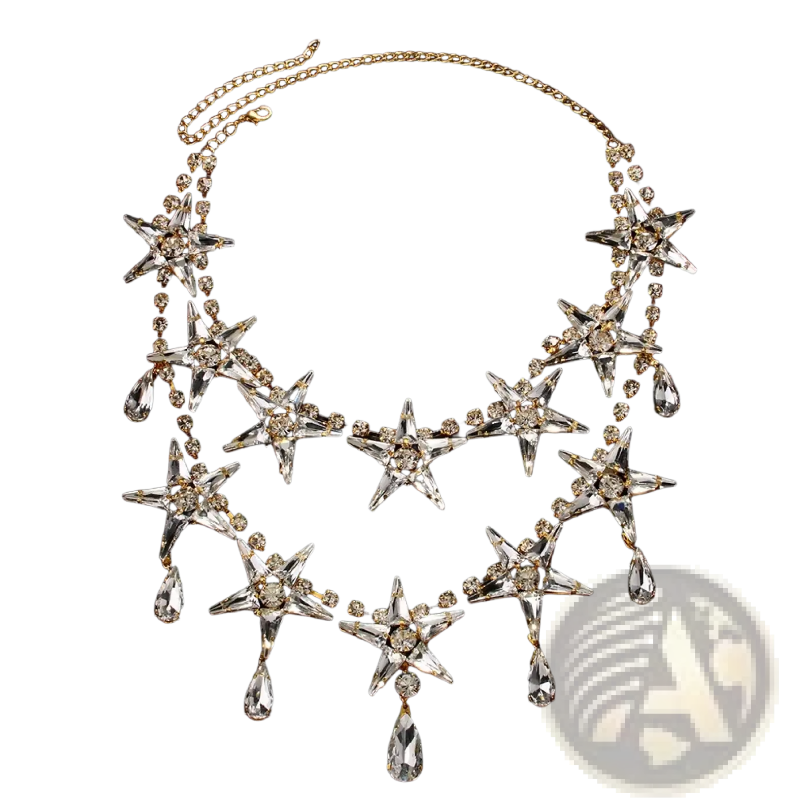 A sparkling gold-toned crystal star choker necklace with clear crystal stars and dangling teardrop pendants