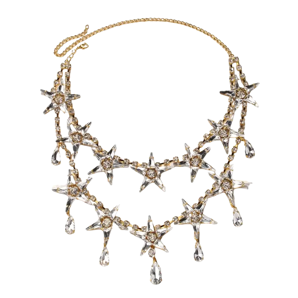 Crystal star choker necklace with layered gold-toned chains featuring sparkling star charms and teardrop pendants