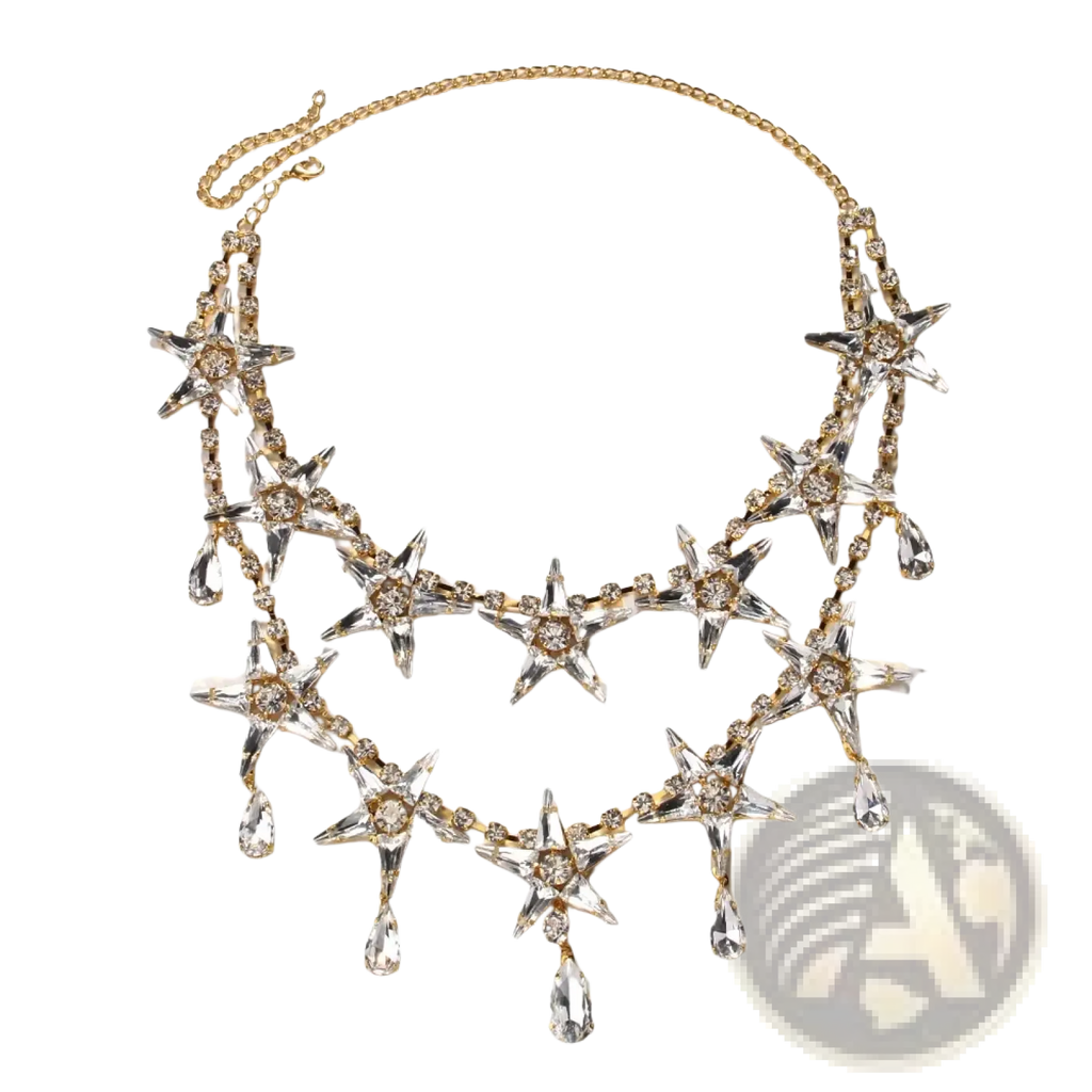 Crystal star choker necklace with layered gold-toned chains featuring sparkling star charms and teardrop pendants