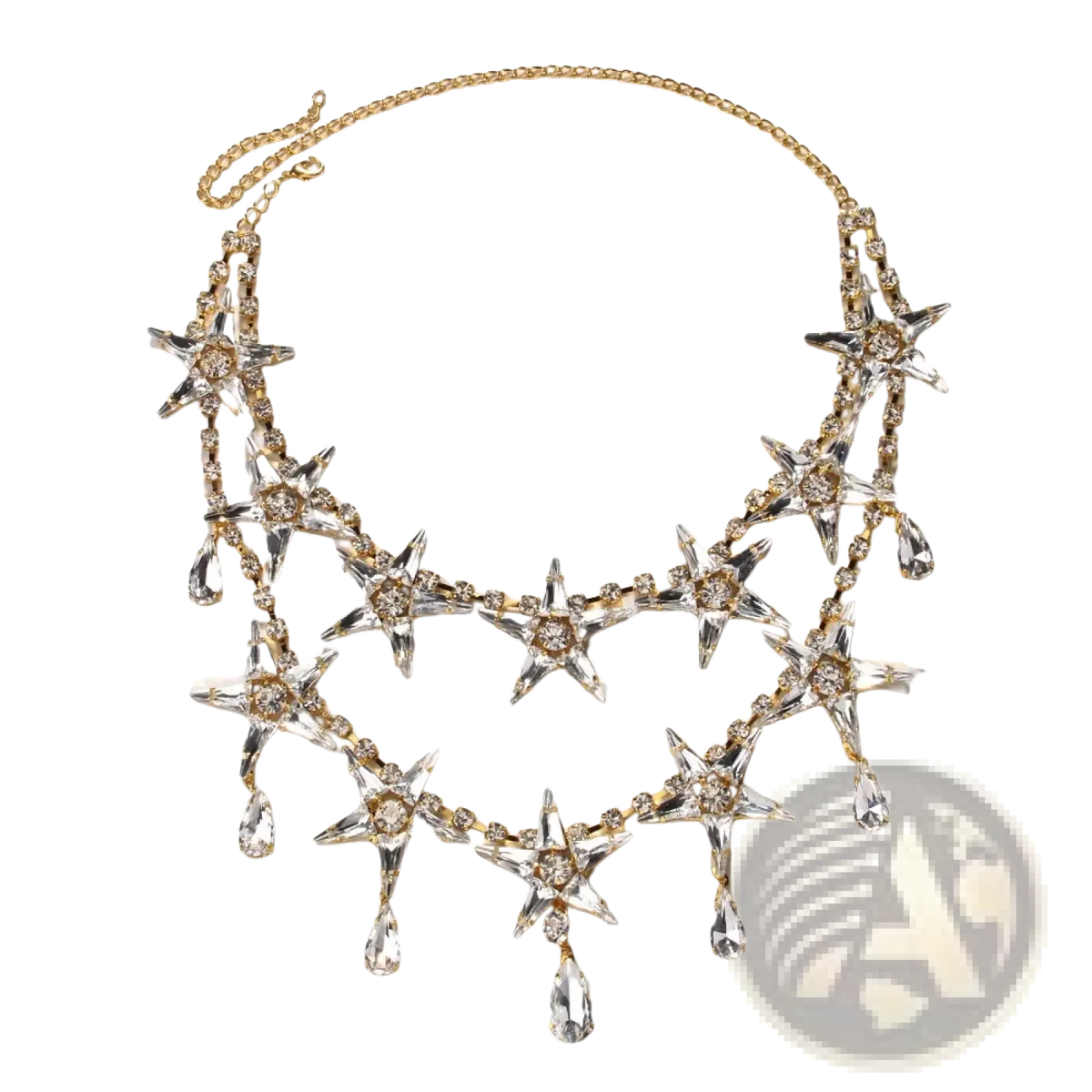 Crystal star choker necklace with layered gold-toned chains featuring sparkling star charms and teardrop pendants