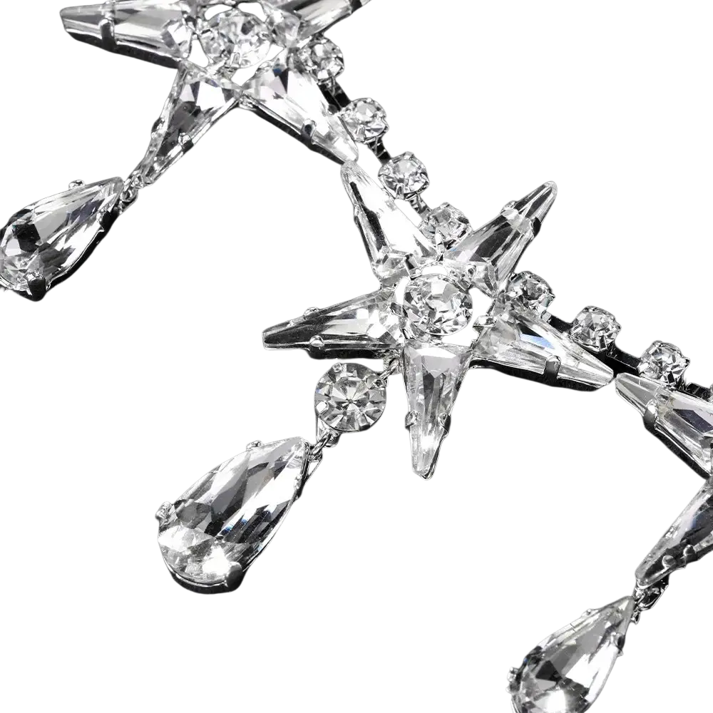 A crystal star choker necklace featuring a sparkling star-shaped earring with clear faceted crystals and teardrop pendants