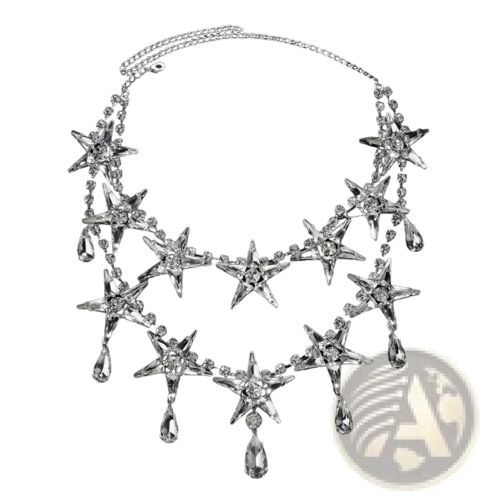 Silver crystal star choker necklace featuring clear crystal embellishments and dangling teardrop pendants