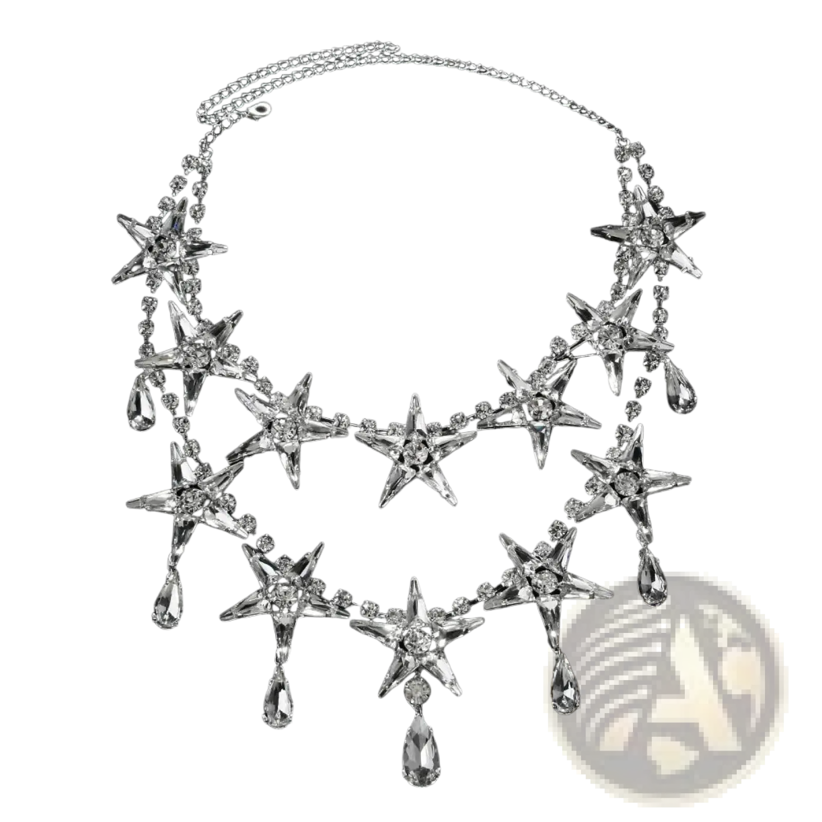 Silver crystal star choker necklace featuring clear crystal embellishments and dangling teardrop pendants