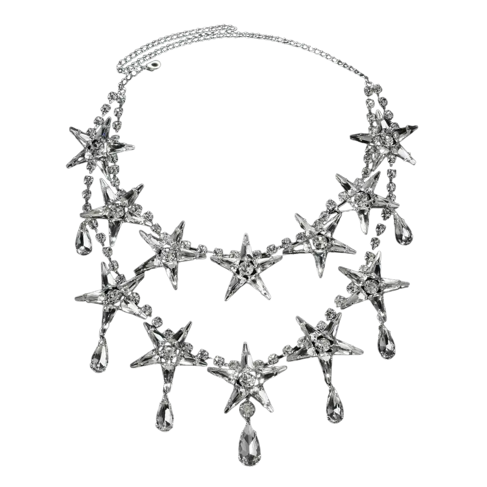 Silver crystal star choker necklace featuring clear crystal embellishments and dangling teardrop pendants