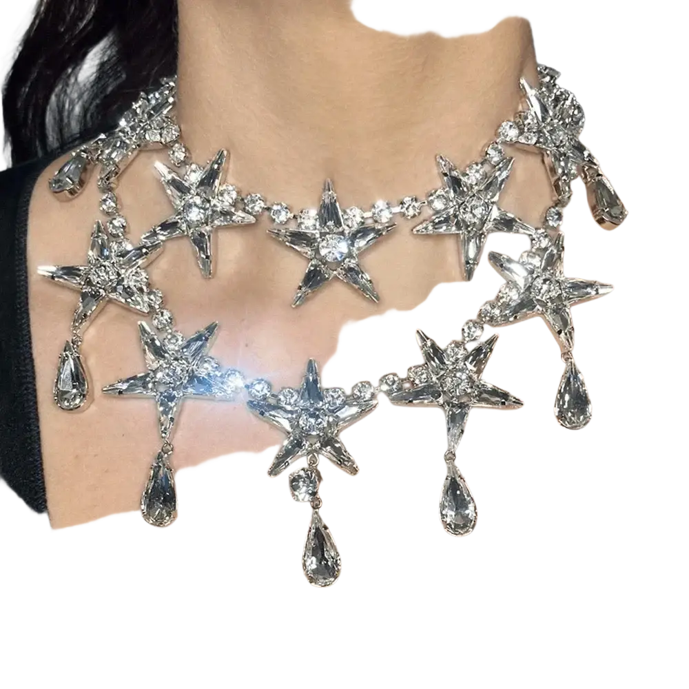 Crystal star choker necklace featuring a dazzling silver starburst design with sparkling crystals and teardrop pendants