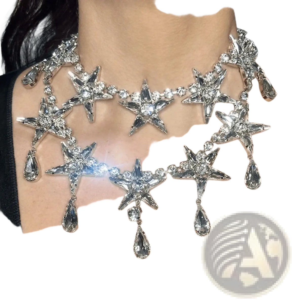 Crystal star choker necklace featuring a dazzling silver starburst design with sparkling crystals and teardrop pendants