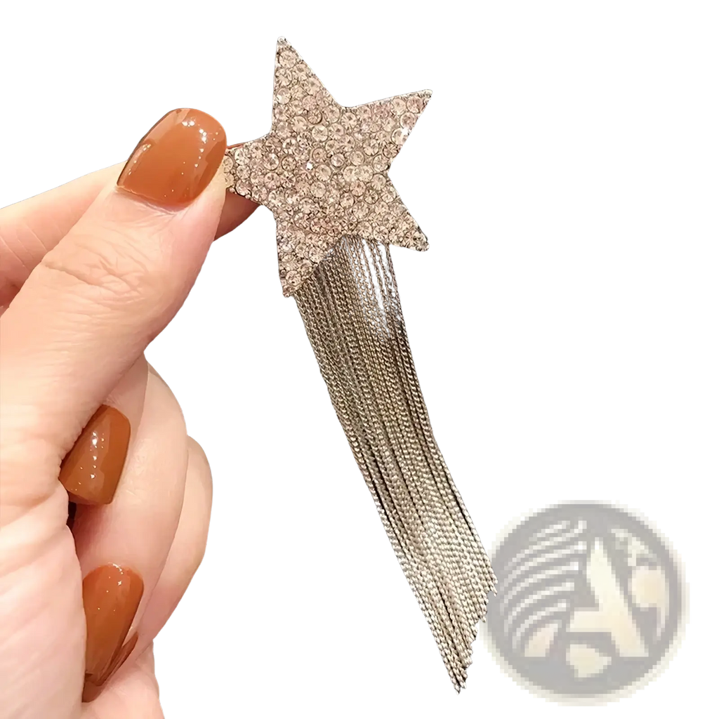A sparkling silver crystal star tassel brooch lapel pin adorned with rhinestones and metallic chain fringe