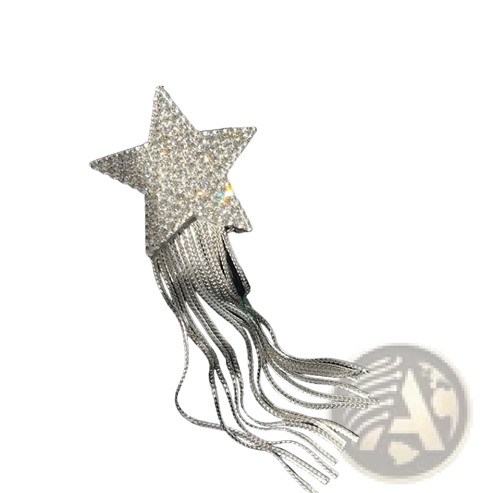 A sparkling silver star-shaped crystal brooch with metallic tassels perfect for lapel pin decoration